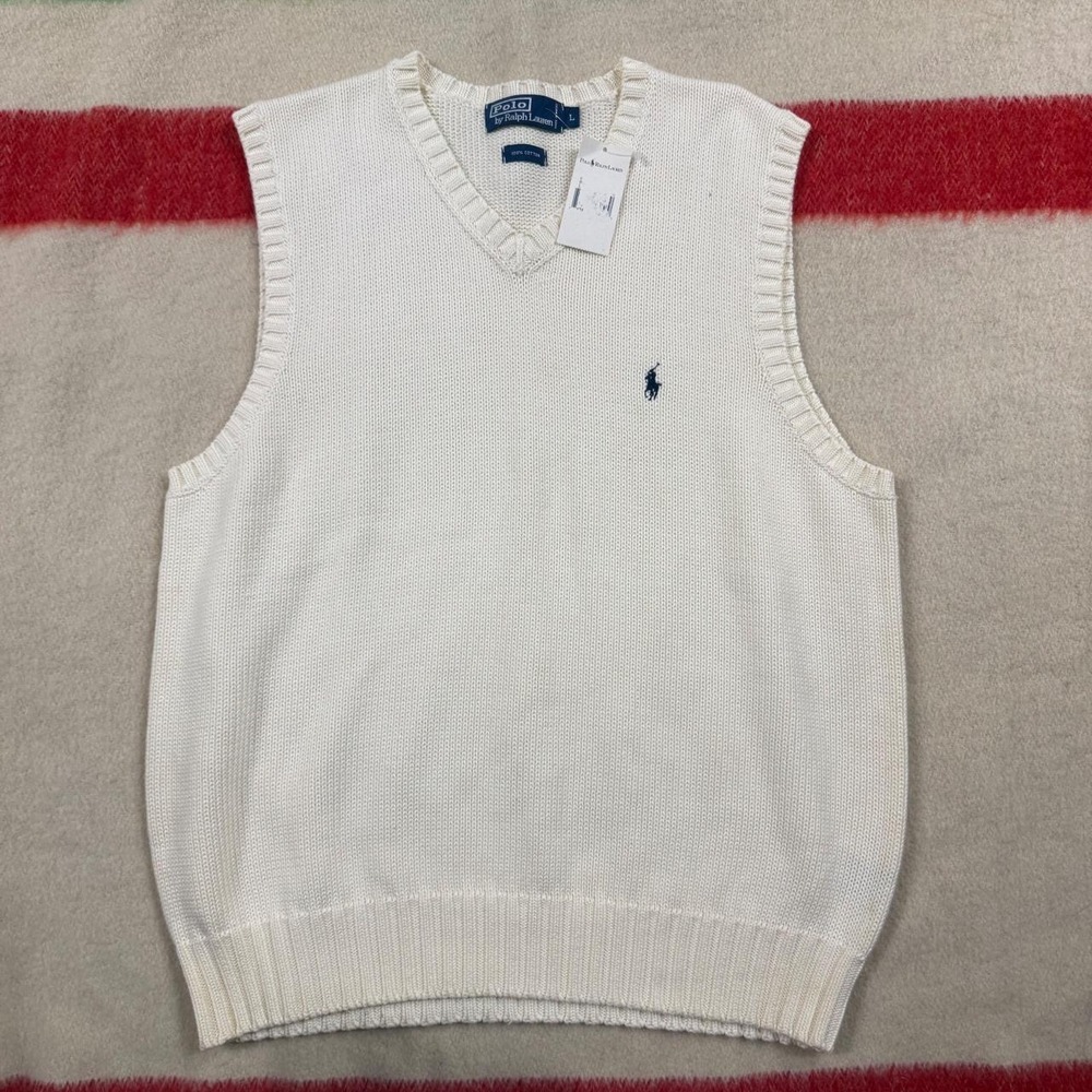 Polo Ralph Lauren Vintage 90s Deadstock Knit Cotton Sweater Vest Cream Mens L